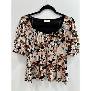 Ember Floral Peplum Blouse Womens L Black Pink Puff Sleeve Top Feminine Dainty